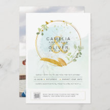 Modern Greenery PHOTO Wedding Invitation QR CODE