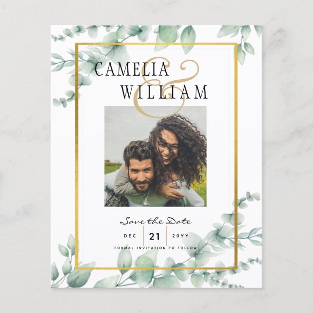 Modern Greenery PHOTO Wedding Save the Date QRcode Flyer (Front)