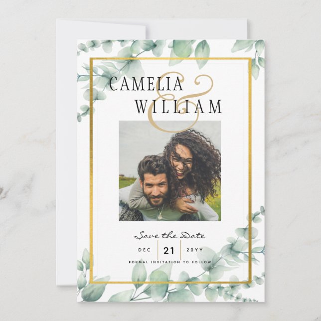 Modern Greenery PHOTO Wedding Save the Date QRcode Invitation (Front)