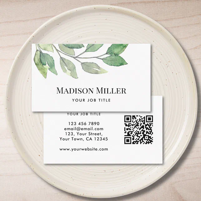 Modern Greenery QR Code Business Card | Zazzle
