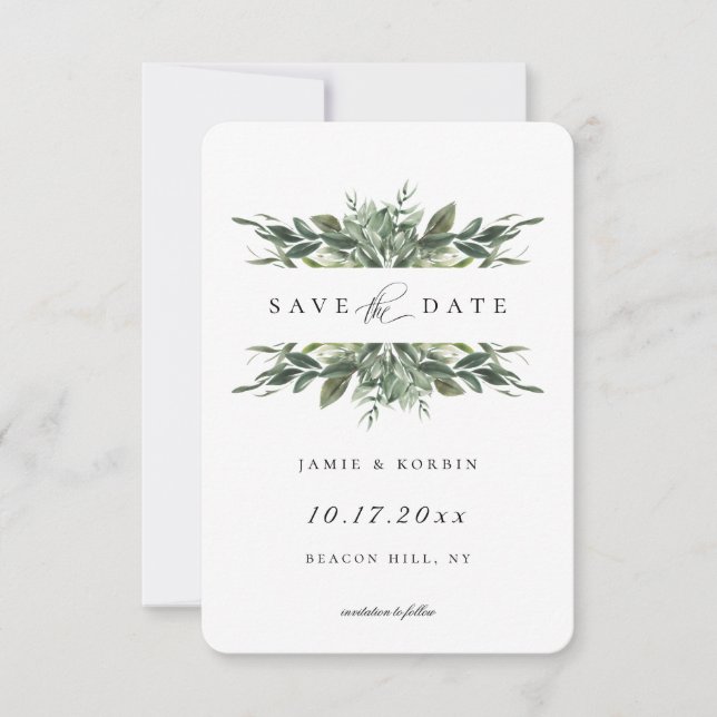 Modern Greenery Save The Date Announcement (Front)