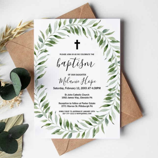 Modern Greenery Simple Cross Baptism Invitation (Creator Uploaded)