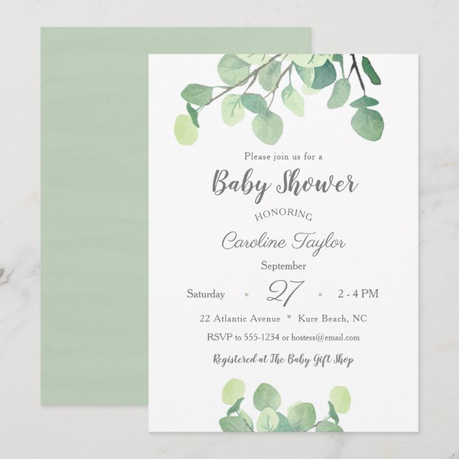 Modern Greenery Simple Gender Neutral Baby Shower Invitation (Front/Back)