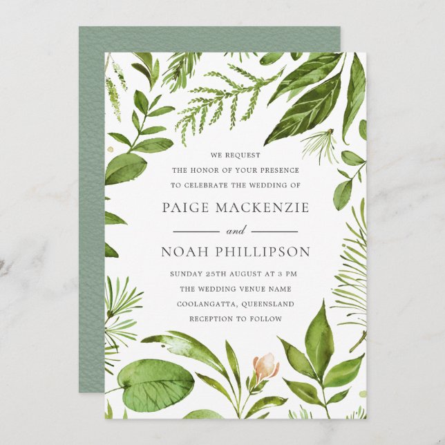 Modern Greenery Summer Spring Wedding Invite (Front/Back)
