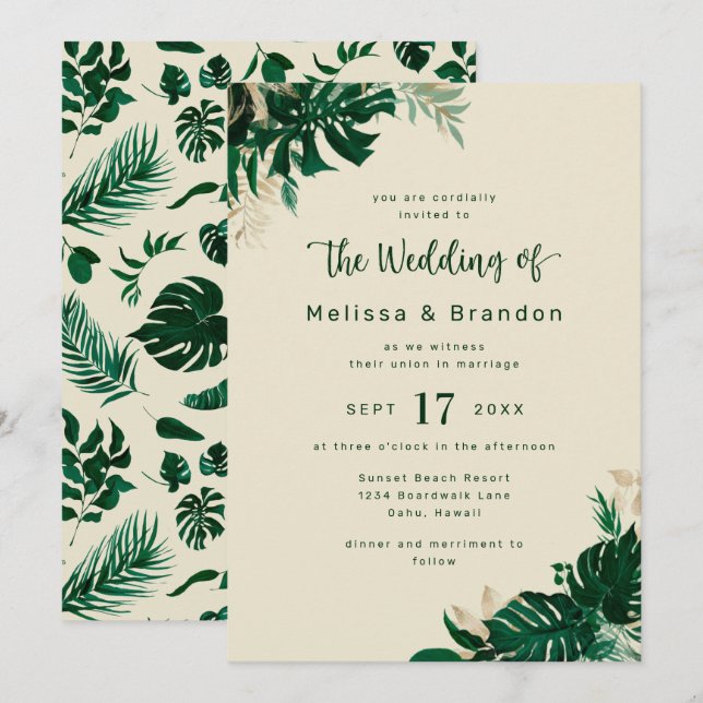Modern Greenery Tropical Foliage Elegant Wedding Invitation (Front/Back)