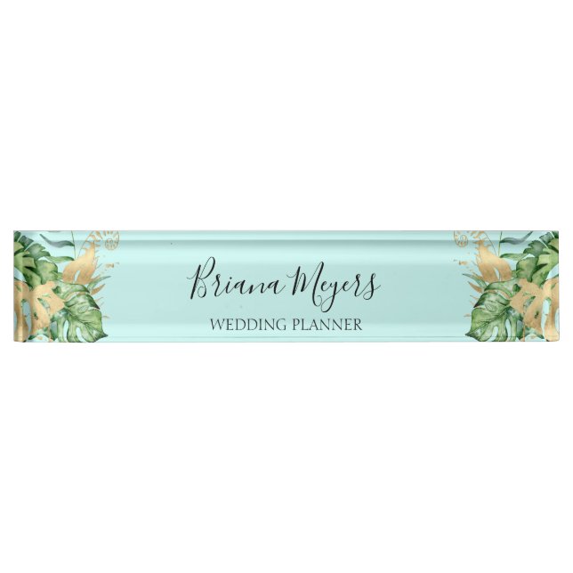 Modern Greenery Tropical Leaves Teal Blue Business Desk Name Plate (Front)
