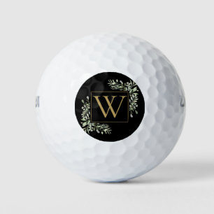 Modern Greenery Watercolor Gold Initial Monogram Golf Balls