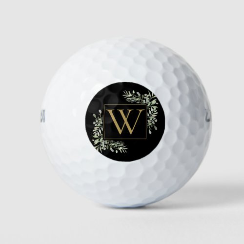 Modern Greenery Watercolor Gold Initial Monogram   Golf Balls