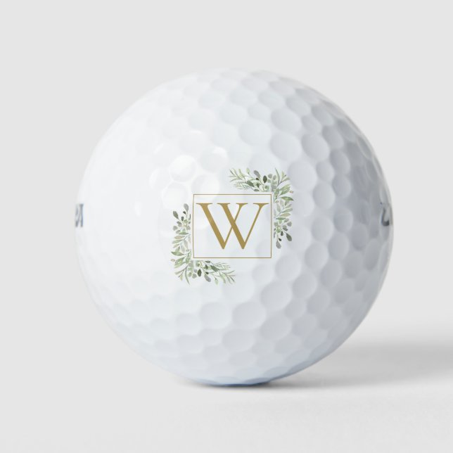 Modern Greenery Watercolor Gold Monogram  Golf Balls (Front)