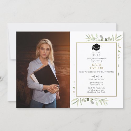 Modern Greenery Watercolor Graduation Party Photo Invitation