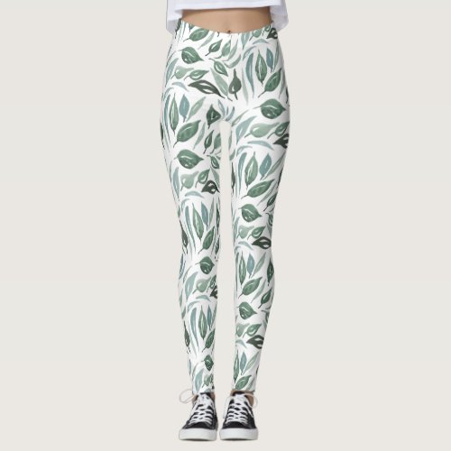 Modern Greenery Watercolor Leaves Pattern Leggings