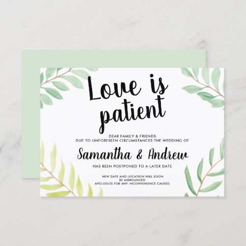 Modern greenery watercolor love is patient wedding invitation