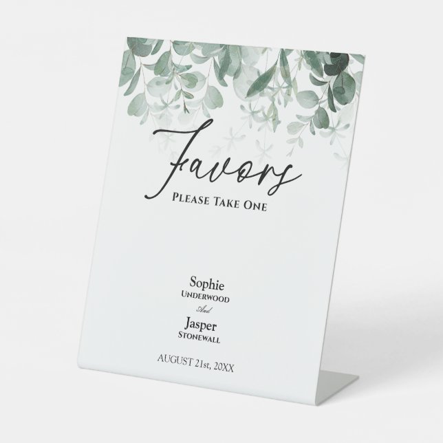 Modern Greenery Wedding Favors Pedestal Sign (Front)