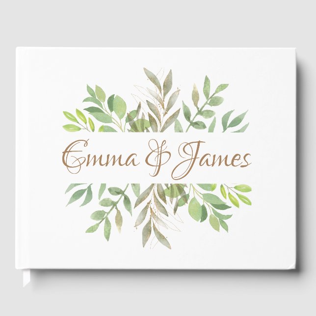 Modern Greenery wedding guest books with initials. (Front)