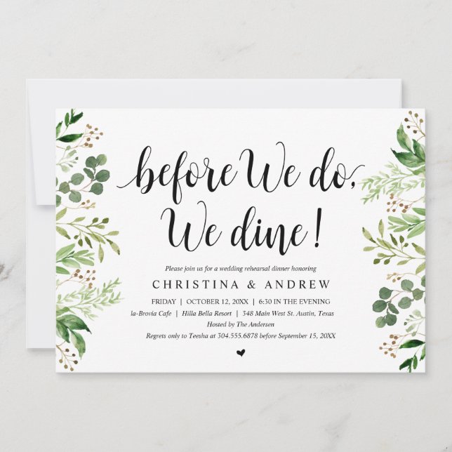 Modern Greenery, Wedding Rehearsal Dinner Invitation (Front)