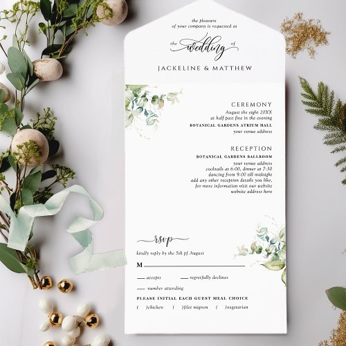 Modern Greenery Wedding w Perforated RSVP All I All In One Invitation