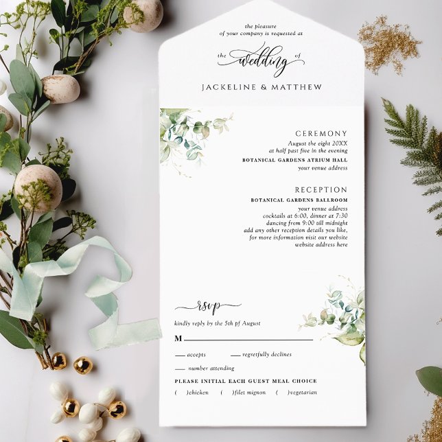 Modern Greenery Wedding w/ Perforated RSVP All I All In One Invitation (Creator Uploaded)