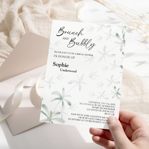 Modern Greenery White Bridal Brunch And Bubbly Invitation