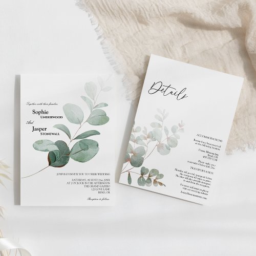 Modern Greenery White Details All In One Wedding Invitation