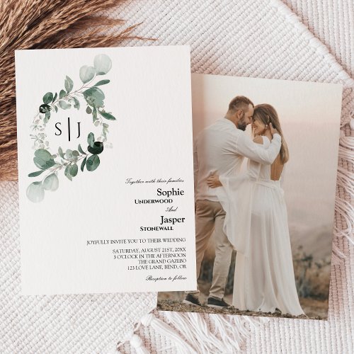 Modern Greenery White Monogram Photo Wedding Invitation