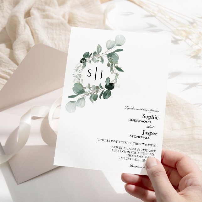 Modern Greenery White Monogram Wedding Invitation (Creator Uploaded)