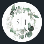 Modern Greenery White Monogram Wedding Sticker<br><div class="desc">This modern greenery white monogram wedding sticker design features easy mix and match coordinating styles in black and white with delicate greenery elements adding graceful flourish around simple sophisticated typography and lovely minimal calligraphy script. The watercolor eucalyptus and other botanical leaves arch beautifully throughout, with dark emerald fading in an...</div>