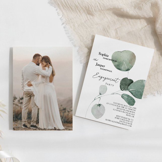 Modern Greenery White Photo Engagement Party Invitation (Creator Uploaded)