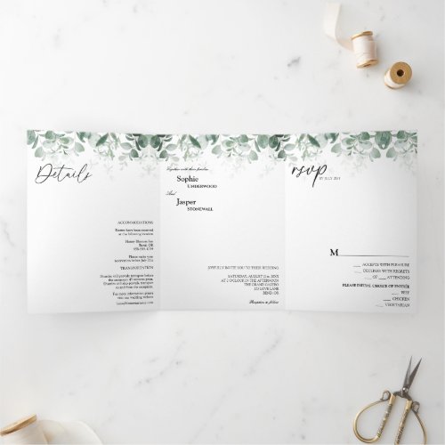 Modern Greenery White Tri_Fold Wedding Invitation