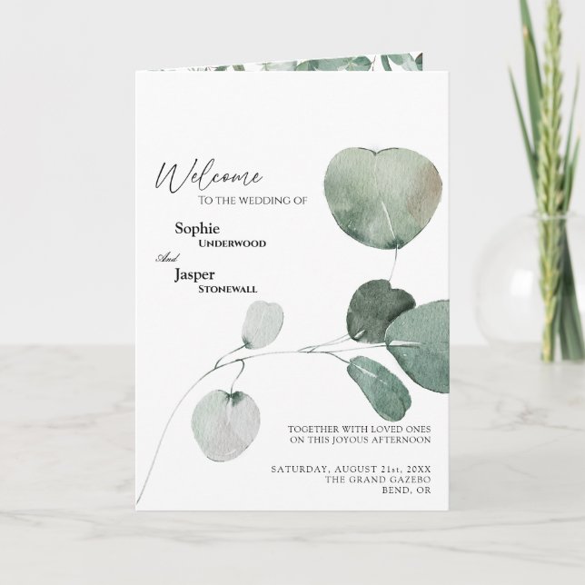 Modern Greenery White Wedding Folded Program (Front)