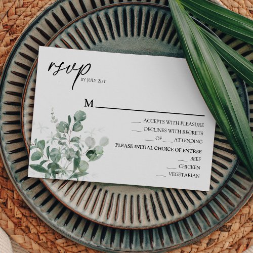 Modern Greenery White Wedding Menu RSVP Card