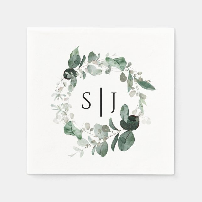 Modern Greenery White Wedding Monogram Napkin (Front)