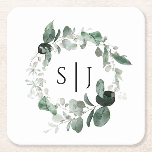 Modern Greenery White Wedding Monogram Square Paper Coaster