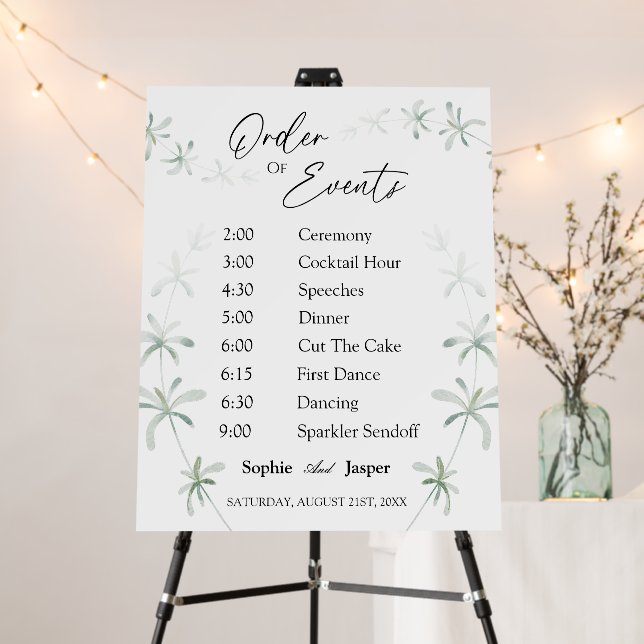 Modern Greenery White Wedding Order Of Events Sign (In Situ (Stand))