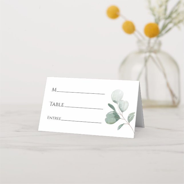 Modern Greenery White Wedding Place Card (Front)