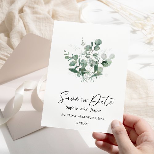 Modern Greenery White Wedding Save The Date