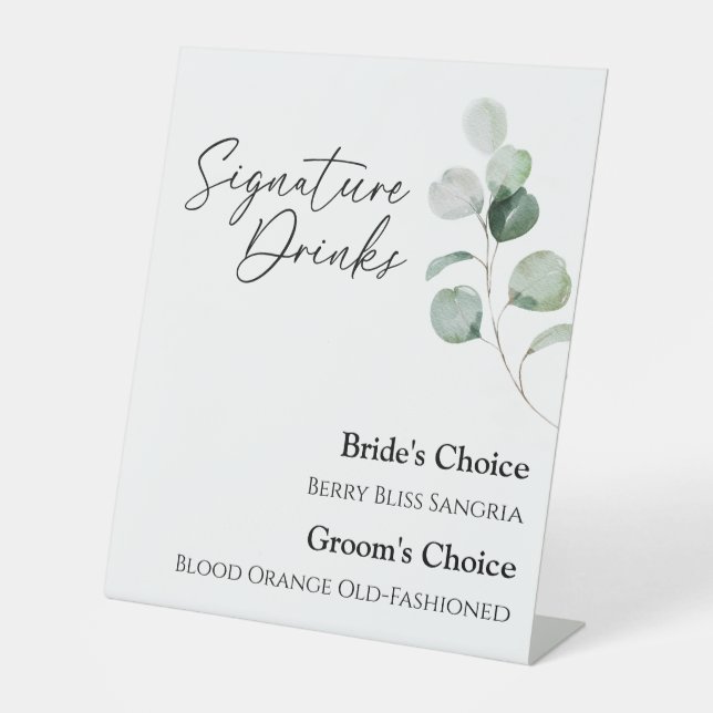 Modern Greenery White Wedding Signature Drinks Pedestal Sign (Front)