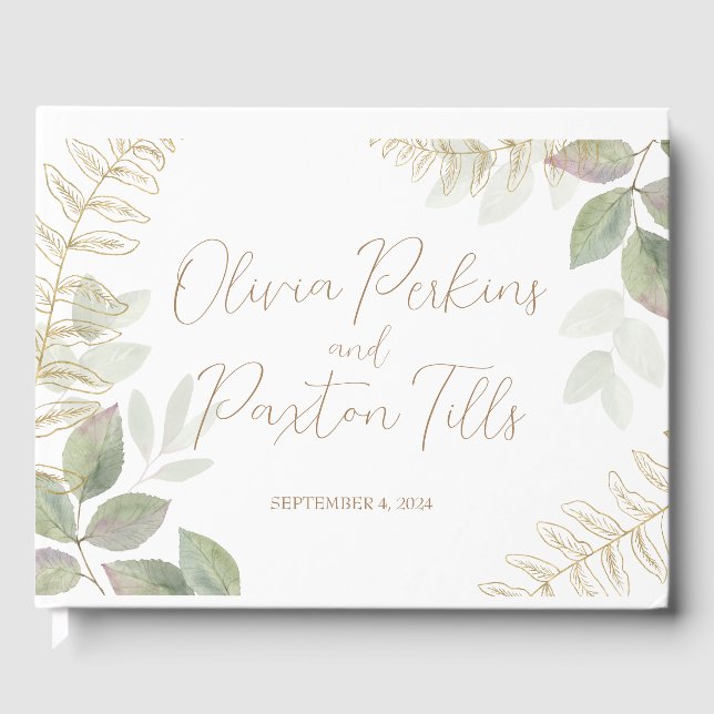 Modern Greenery with Gold Wedding Guest Book (Front)