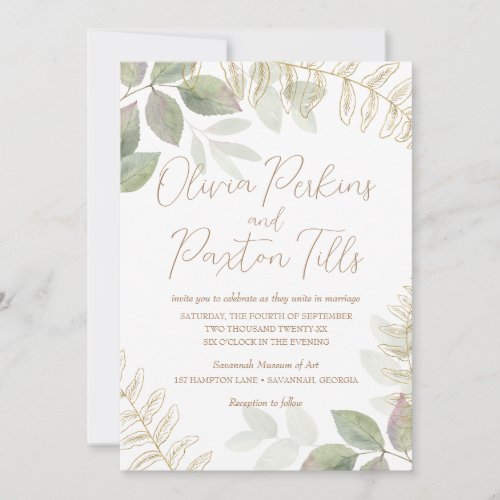 Modern Greenery with Gold Wedding Invitation