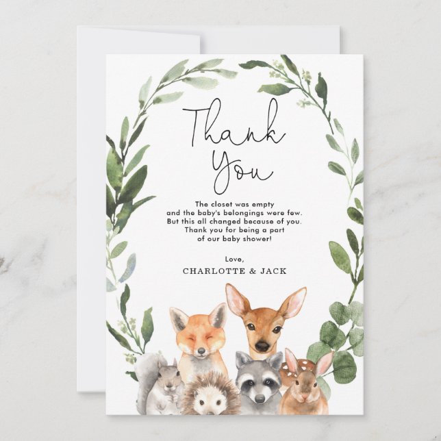 Modern Greenery Woodland Animals Baby Shower Favor Thank You Card (Front)