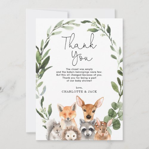 Modern Greenery Woodland Animals Baby Shower Favor Thank You Card