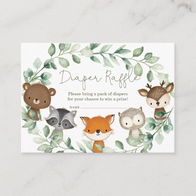 Modern Greenery Woodland Animals Diaper Raffle Enclosure Card (Front)