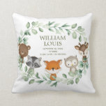 Modern Greenery Woodland Birth Stats Boy Nursery Throw Pillow<br><div class="desc">Adorable woodland-themed cushion featuring sweet forest animals and elegant botanical greenery wreath</div>