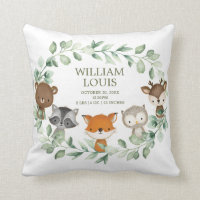 Modern Greenery Woodland Birth Stats Boy Nursery Throw Pillow