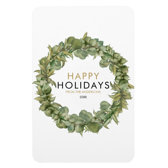 Modern Greenery Wreath Happy Holidays Christmas Magnet (Vertical)