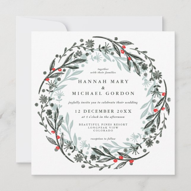 Modern greenery wreath holiday  invitation (Front)