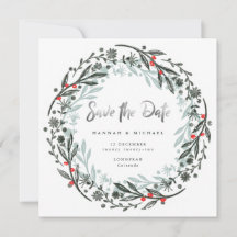 Modern greenery wreath holiday Save the Date