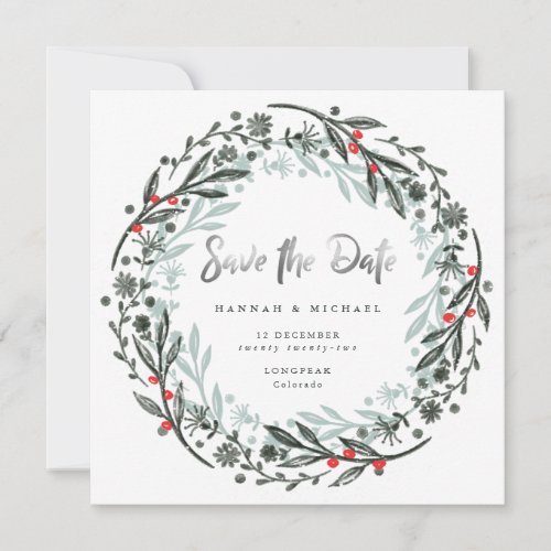 Modern greenery wreath holiday Save the Date Card