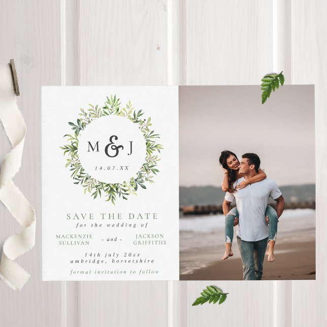 Modern Greenery Wreath Monogram Wedding Photo Save The Date (Creator Uploaded)