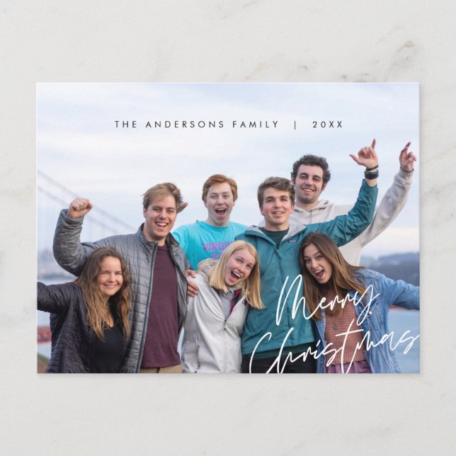 Modern Greeting, Merry Christmas Family Photo Post Postcard (Front)