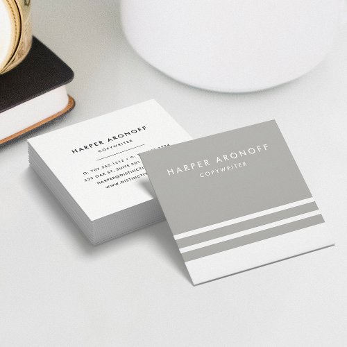 Modern Greige Taupe and White Stripe Square Business Card